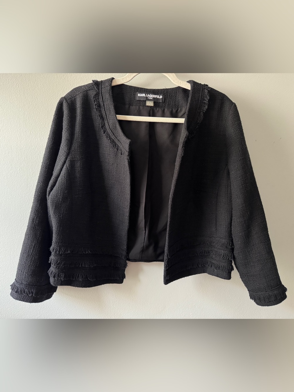 Karl Lagerfeld Black Fringe Bouclé Open-Front Blazer